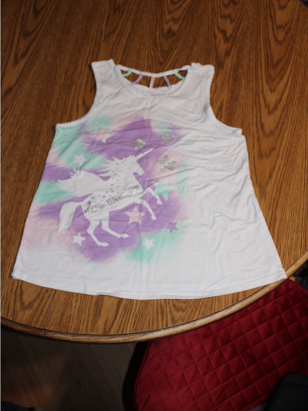 Girls' White Tie-Dye Unicorn Tank Top with Glitter Stars